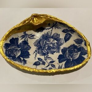 Handcrafted Shell Floral Blue Rose 6 inch Dish Decoupage